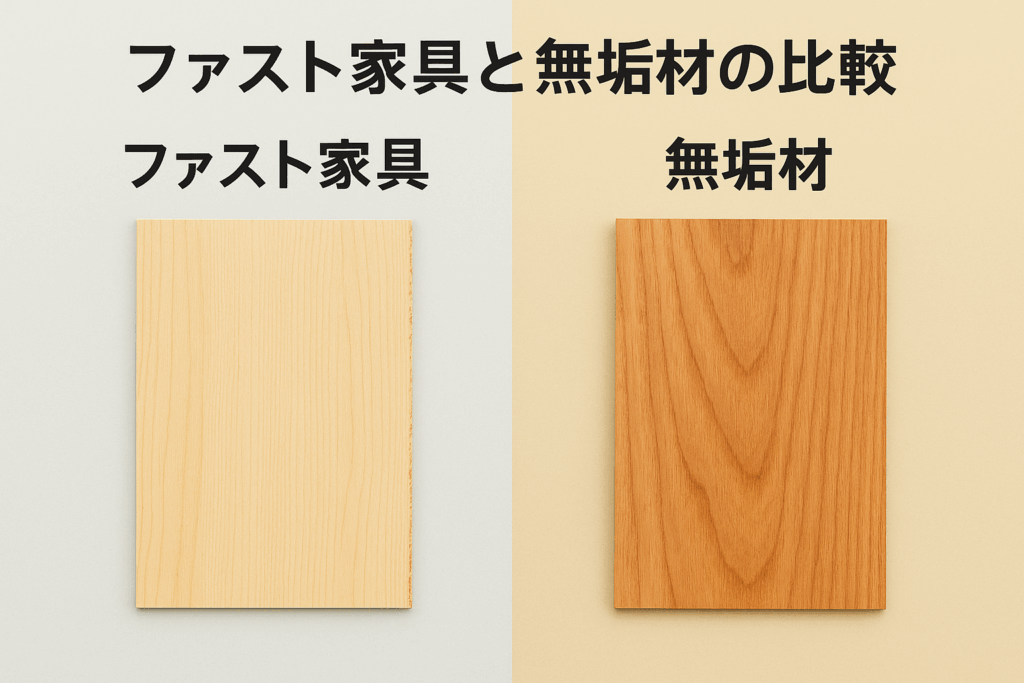 ファスト家具と無垢材の家具の比較の画像。