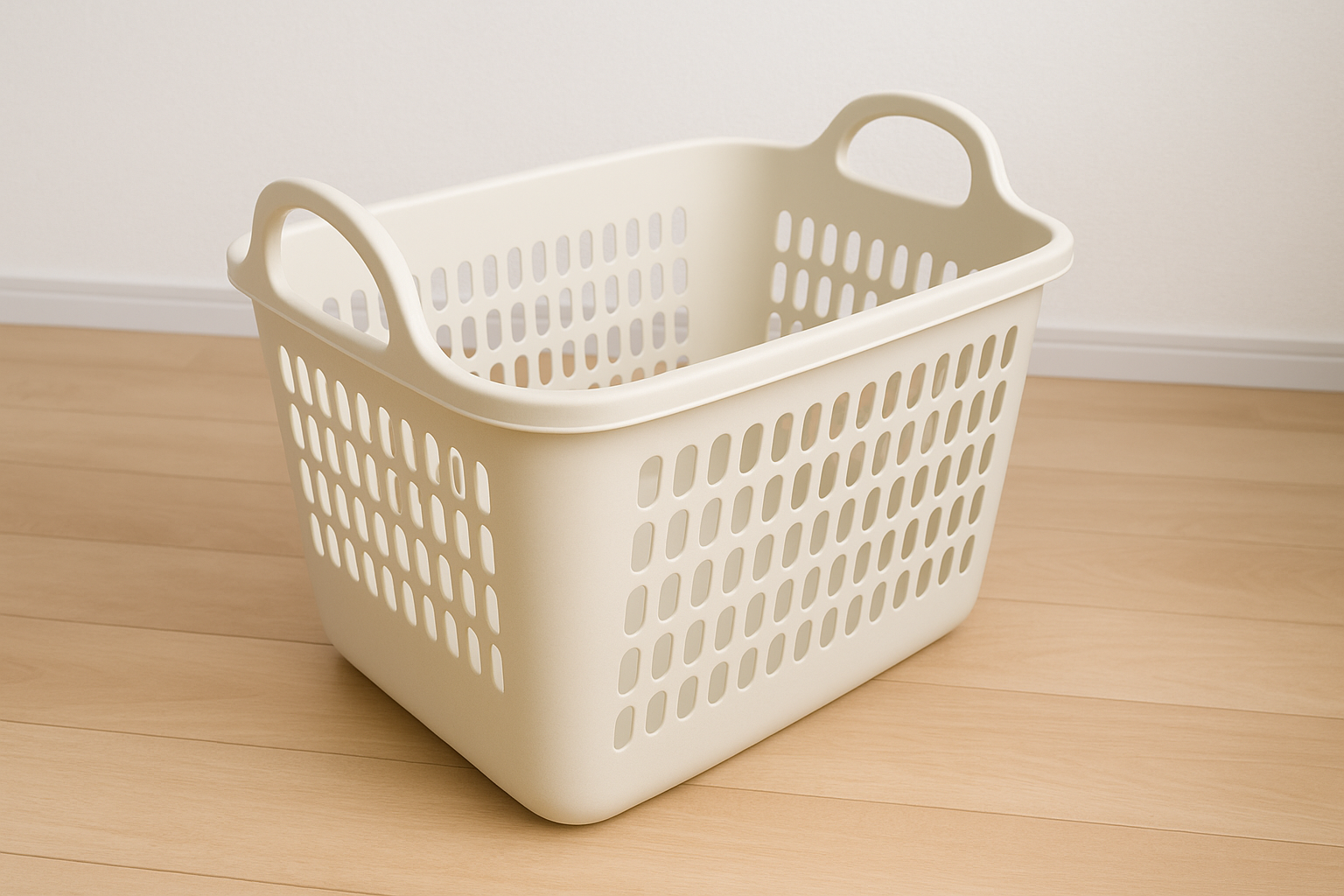 白のシンプルなランドリーバスケットの画像。